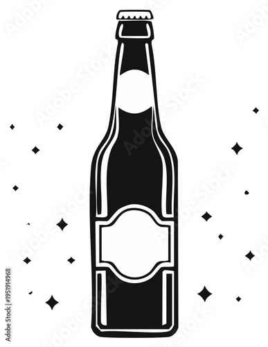 Classic Black Bottle with Blank Labels and Sparkling Embellishments Vector Illustration