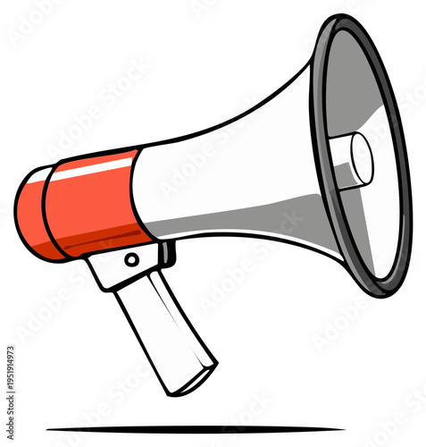 Cartoon illustration of a red and white megaphone speaker projecting sound loudly