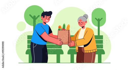 Man delivering grocery to woman.