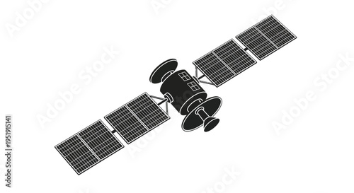 A black and white illustration depicts a communication satellite in space showcasing solar panels and antenna dishes high quality