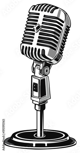 Retro style microphone illustration with stand classic broadcast equipment for sound recording and vintage music entertainment