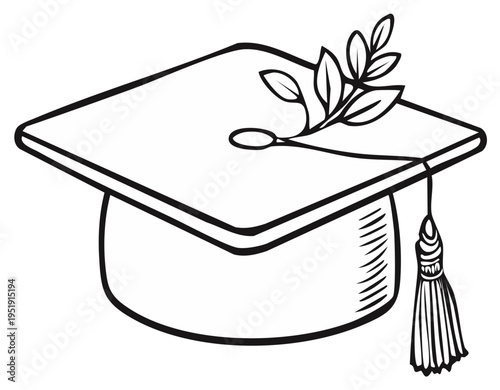 Graduation cap with tassel and laurel branch black and white line art illustration
