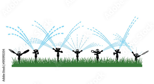 A simple illustrative depiction of six black lawn sprinklers spraying water over a green grassy surface high quality professional