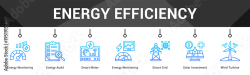 Energy Efficiency  Modern and clean web banner illustration vector featuring thematic icons
