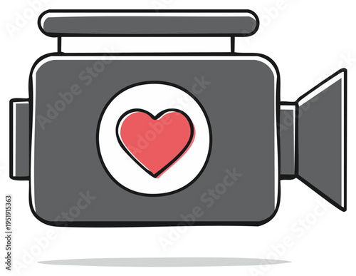 Cartoon Love Camera Vector Illustration. Film Recording with Heart. Video Clip Making for Valentine's Day