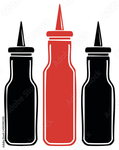 Sauce bottles illustration icons black and red flavors condiments food products