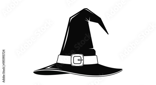A striking black and white illustration depicts a classic witch s hat complete with a decorative buckle and pointed crown high quality