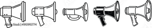 A set of various megaphone icons in different styles and angles