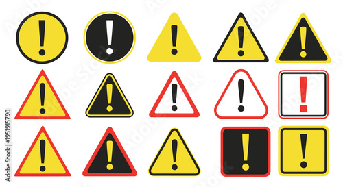 A collection of vibrant warning signs featuring black exclamation points within yellow red and black shapes high quality professional