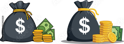 Two money bags with dollars and coins