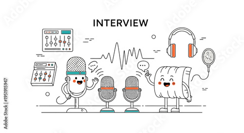 Friendly Line Art Podcast Interview Talking Microphones Audio Mixer Headphones EPS10 Stock.eps