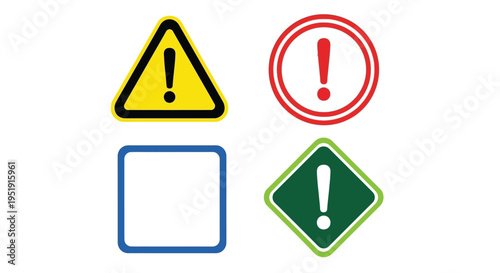 A collection of four warning signs featuring exclamation points varying in shape and color high quality professional detailed modern