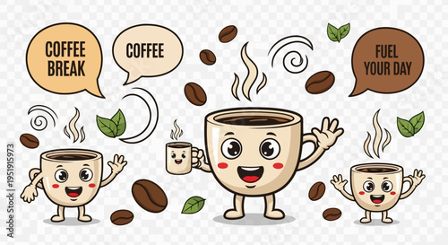 Cute Kawaii Coffee Cup Characters Vector Illustration with Beans and Speech Bubbles EPS10 Stock.eps