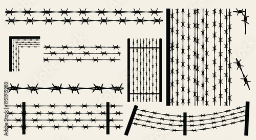 Collection of Different Barbed Wire Designs for Security and Protection Varied Fence Styles Ensuring Boundaries and Safety Measures with Black Lines on a Beige Surface Metallic Defence Pattern