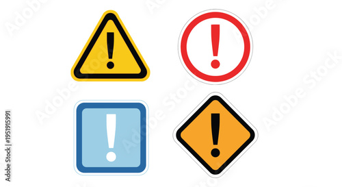This image displays four distinct warning signs each featuring a black exclamation mark on various colored backgrounds high quality
