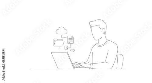 Vector illustration of man working on laptop with cloud icons