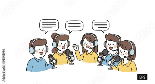 Cartoon illustration of a happy group recording a podcast with microphones EPS10 Stock.eps
