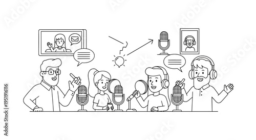 Podcast and online communication with a group Minimalist line art illustration EPS10 Stock.eps
