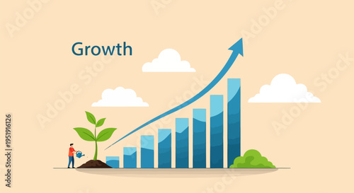 Nurturing business growth flat illustration with person watering plant and rising chart EPS10 Stock.eps