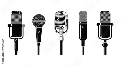 A collection of five vintage style microphones presented in a black and white illustration showcasing different designs high quality professional