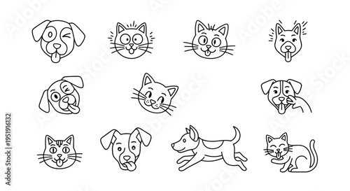 Playful Doodle Dogs and Cats Simple Outline Vector Set EPS10 Stock.eps