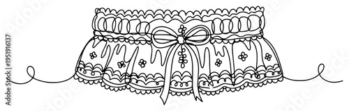 Elegant lace garter with ribbon bow one line drawing, bridal wedding accessory minimalist continuous line art, romantic lingerie and marriage ceremony
