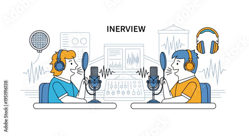 Podcast Interview Recording Two Hosts Flat Line Art Illustration EPS10 Stock.eps