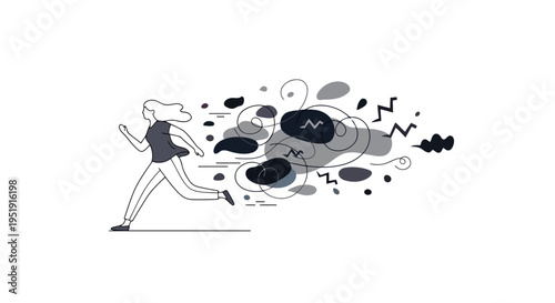 Minimalist vector woman running past abstract thoughts and emotional stress EPS10 Stock.eps