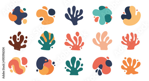 Collection of Aquatic Forms Presents a Colorful Array of Artistic Seaweed and Marine Life Shapes Offering Creative Assets for Design Projects Perfect for Underwater and Nature Concepts Displayed