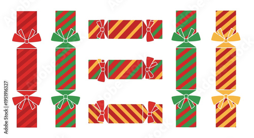 A colorful illustration depicts six christmas crackers featuring bold stripes and festive ribbon details high quality professional detailed modern