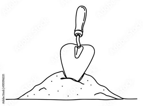 Gardening trowel in soil one line drawing, hand shovel in dirt minimalist continuous line art, garden planting and landscaping concept
