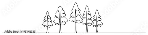 Pine trees forest one line drawing, minimalist continuous line art for wilderness and nature design, fir tree forest landscape illustration