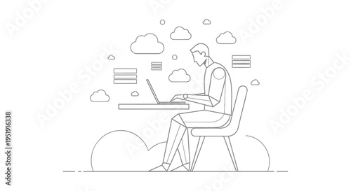 Vector illustration of a man working on laptop with cloud icons