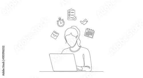 Vector illustration of a woman working on a laptop with floating icons