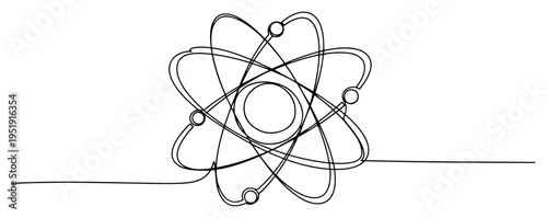 Atom symbol science one line drawing, minimalist continuous line art for physics and chemistry design, nuclear energy and education research concept