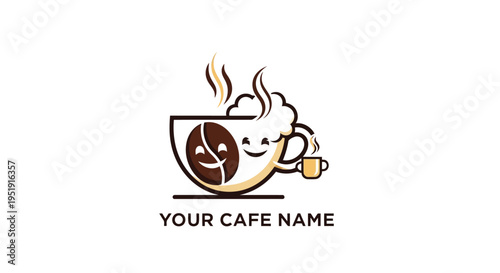 Happy cartoon coffee bean and cup mascots with steam Cafe brand logo vector EPS10 Stock.eps