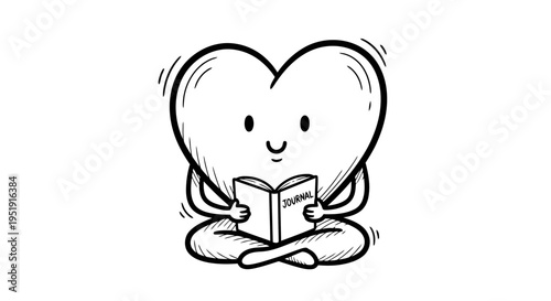 Hand drawn heart character reading a journal Black and white doodle illustration EPS10 Stock.eps