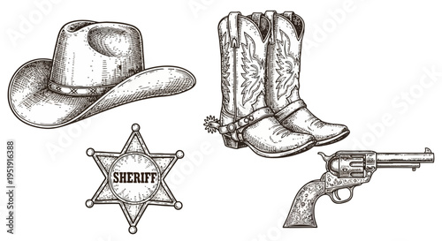 Hand drawn Western Engravings Cowboy Hat Boots Sheriff Badge Revolver Set EPS10 Stock.eps