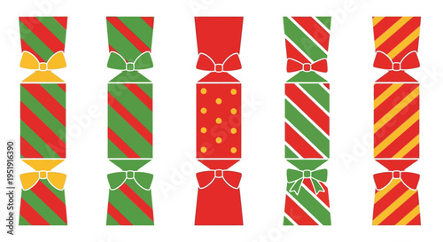 A colorful collection of six christmas crackers each with unique patterns and festive ribbon details high quality professional detailed