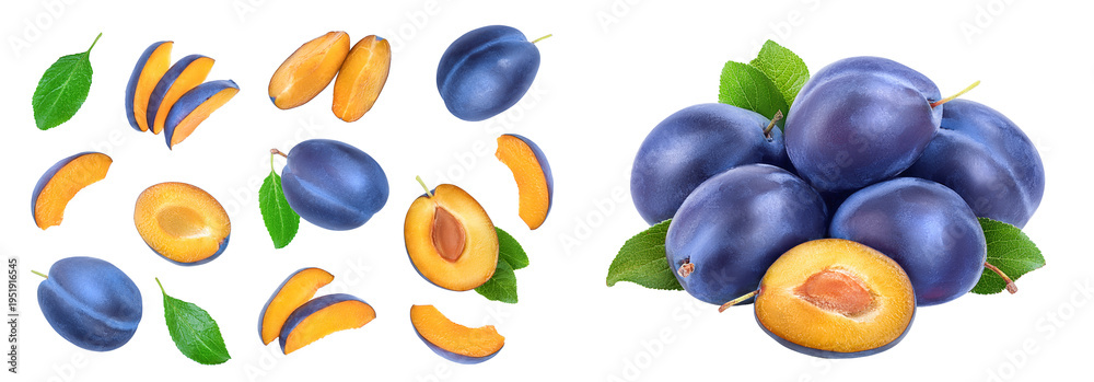 Naklejka premium fresh blue plum and half with leaves isolated on white background. Top view. Flat lay