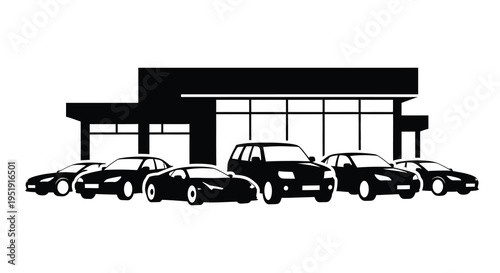 A minimalist black and white illustration depicts a car dealership exterior with several vehicles parked out front high quality
