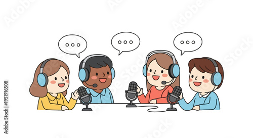 Cute diverse podcast team recording audio vector illustration EPS10 Stock.eps