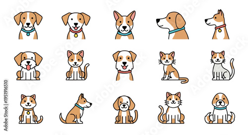 Cute cartoon outline dogs and cats pet animal character vector set EPS10 Stock.eps