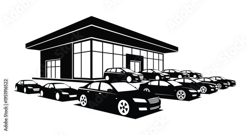 A black and white illustration depicts a modern car dealership building with several parked vehicles in front high quality