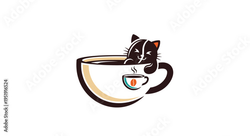 Cute cartoon cat relaxing in a coffee cup vector logo illustration EPS10 Stock.eps