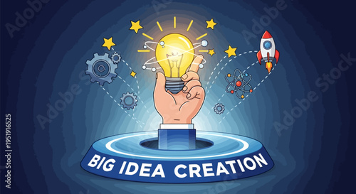 Creative Innovation Concept Hand Holding Lightbulb Gears Atom Rocket Cartoon EPS10 Stock.eps