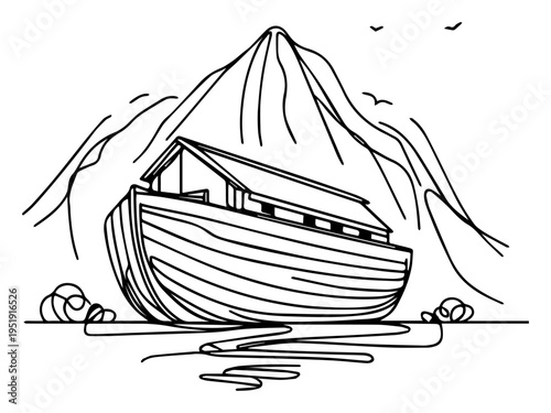 Noah's Ark boat on water with mountain one line drawing, biblical flood and survival minimalist continuous line art, hope and salvation illustration