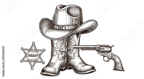 Classic Western design cowboy hat boots pistol sheriff badge Vintage engraving EPS10 Stock.eps