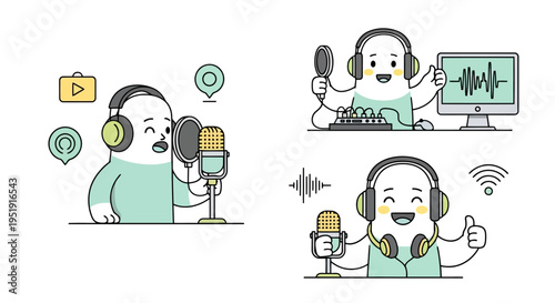 Cheerful flat design illustration of cute characters podcasting recording audio and broadcasting EPS10 Stock.eps