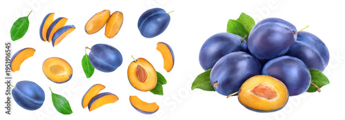fresh blue plum and half with leaves isolated on white background. Top view. Flat lay